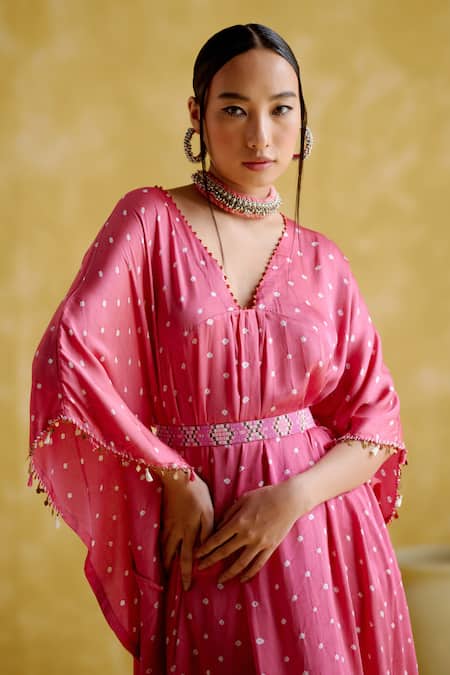 5elements Pink Modal V-neck Annika Bandhani Pattern Kaftan With Belt at Aza Fashions 5elements_Pink Modal V-neck Annika Bandhani Pattern Kaftan With Belt _at_Aza_Fashions