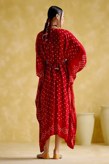 Shop 5elements Red Modal Embroidery, Beads V-neck Annika V Kaftan With Belt at Aza Fashions Shop_5elements_Red Modal Embroidery, Beads V-neck Annika V Kaftan With Belt _at_Aza_Fashions