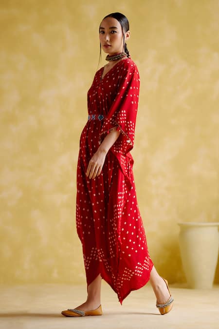 Buy 5elements Red Modal Embroidery, Beads V-neck Annika V Kaftan With Belt Online at Aza Fashions Buy_5elements_Red Modal Embroidery, Beads V-neck Annika V Kaftan With Belt _Online_at_Aza_Fashions