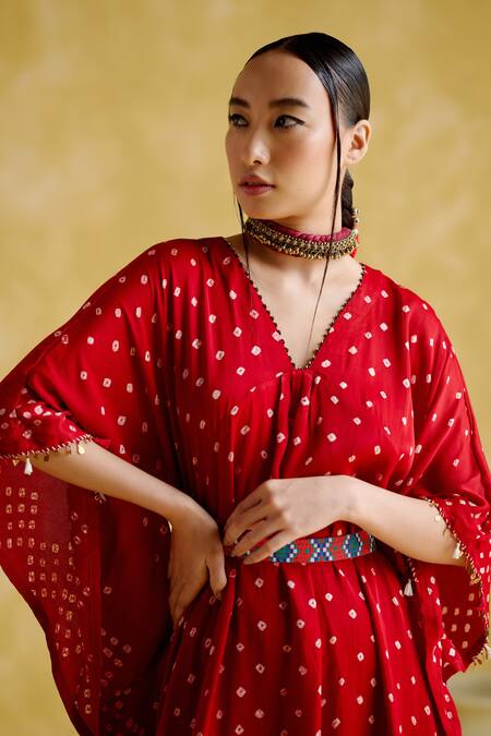 Shop 5elements Red Modal Embroidery, Beads V-neck Annika V Kaftan With Belt Online at Aza Fashions Shop_5elements_Red Modal Embroidery, Beads V-neck Annika V Kaftan With Belt _Online_at_Aza_Fashions