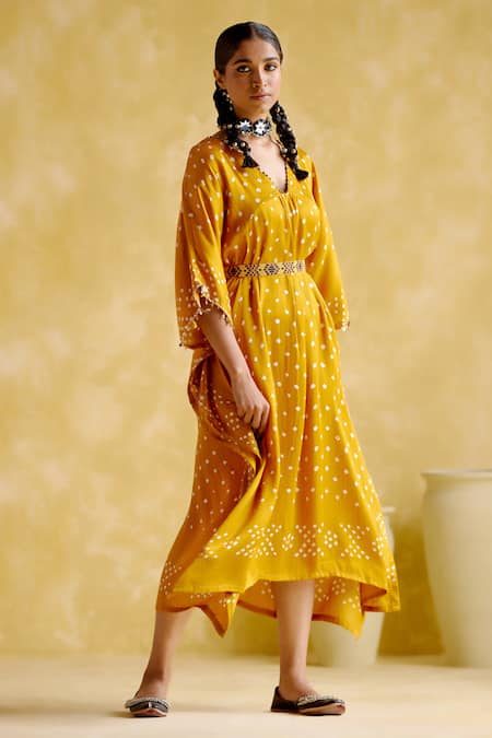 5elements Yellow Modal, Satin Embroidery V-neck Annika Flared Sleeve Kaftan With Belt Online at Aza Fashions 5elements_Yellow Modal, Satin Embroidery V-neck Annika Flared Sleeve Kaftan With Belt _Online_at_Aza_Fashions