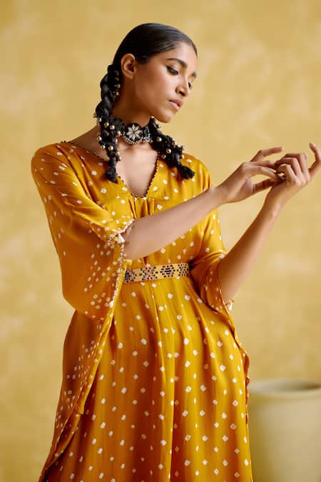Shop 5elements Yellow Modal, Satin Embroidery V-neck Annika Flared Sleeve Kaftan With Belt Online at Aza Fashions Shop_5elements_Yellow Modal, Satin Embroidery V-neck Annika Flared Sleeve Kaftan With Belt _Online_at_Aza_Fashions