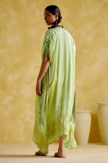 Shop 5elements Green Modal, Satin Gota Patti V-neck Anuradha Bandhani Pattern Kaftan at Aza Fashions Shop_5elements_Green Modal, Satin Gota Patti V-neck Anuradha Bandhani Pattern Kaftan _at_Aza_Fashions