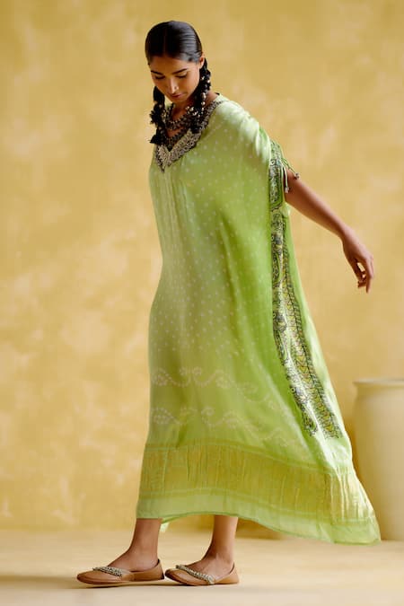 5elements Green Modal, Satin Gota Patti V-neck Anuradha Bandhani Pattern Kaftan Online at Aza Fashions 5elements_Green Modal, Satin Gota Patti V-neck Anuradha Bandhani Pattern Kaftan _Online_at_Aza_Fashions