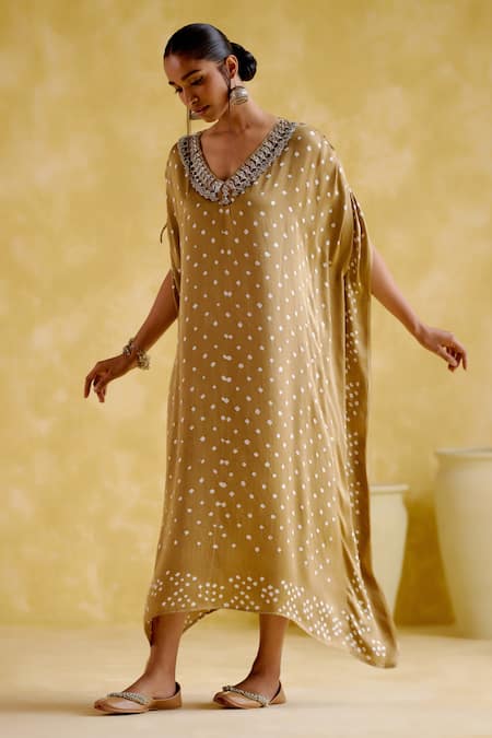 5elements Beige Modal, Satin Embroidery V-neck Dakshayani Flared Sleeve Kaftan Online at Aza Fashions 5elements_Beige Modal, Satin Embroidery V-neck Dakshayani Flared Sleeve Kaftan _Online_at_Aza_Fashions