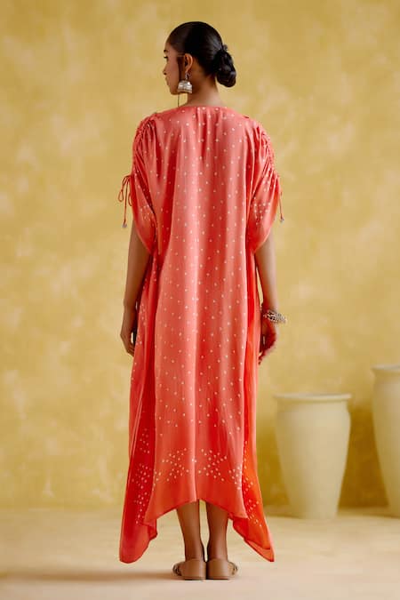 Shop_5elements_Orange Modal, Satin, Lace Embroidery V-neck Dakshayani Bandhani Print Kaftan _at_Aza_Fashions