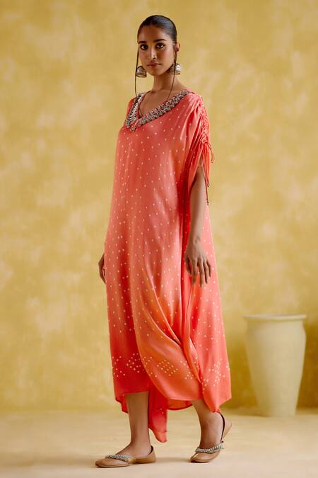5elements_Orange Modal, Satin, Lace Embroidery V-neck Dakshayani Bandhani Print Kaftan _Online_at_Aza_Fashions