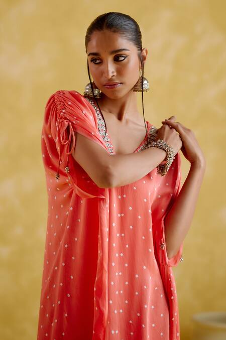 Buy_5elements_Orange Modal, Satin, Lace Embroidery V-neck Dakshayani Bandhani Print Kaftan _Online_at_Aza_Fashions