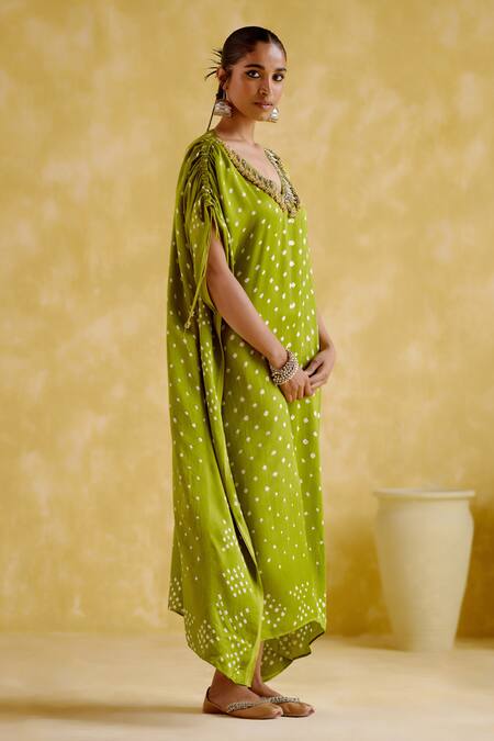 5elements Green Modal, Satin Embroidery V-neck Dakshayani Bandhani Pattern Kaftan Online at Aza Fashions 5elements_Green Modal, Satin Embroidery V-neck Dakshayani Bandhani Pattern Kaftan _Online_at_Aza_Fashions