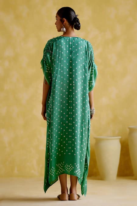Shop 5elements Green Modal, Satin, Lace Embroidery Dakshayani Flared Sleeve Printed Kaftan at Aza Fashions Shop_5elements_Green Modal, Satin, Lace Embroidery Dakshayani Flared Sleeve Printed Kaftan _at_Aza_Fashions
