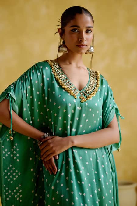 5elements Green Modal, Satin, Lace Embroidery Dakshayani Flared Sleeve Printed Kaftan at Aza Fashions 5elements_Green Modal, Satin, Lace Embroidery Dakshayani Flared Sleeve Printed Kaftan _at_Aza_Fashions