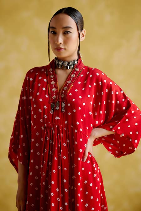 5elements Red Modal, Satin Embroidery Devadarsana Bandhani Pattern Handcrafted Kaftan Online at Aza Fashions 5elements_Red Modal, Satin Embroidery Devadarsana Bandhani Pattern Handcrafted Kaftan _Online_at_Aza_Fashions