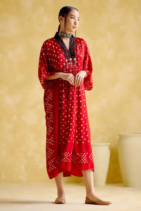 5Elements Red Modal Satin Lagdi Patta Printed Bandhani V Devadarsana Handcrafted Kaftan 