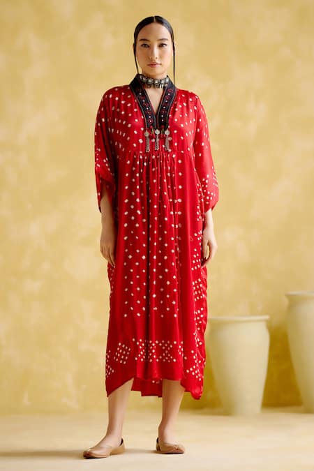 5elements_Red Modal, Satin Embroidery V-neck Devadarsana V Handcrafted Kaftan _Online_at_Aza_Fashions