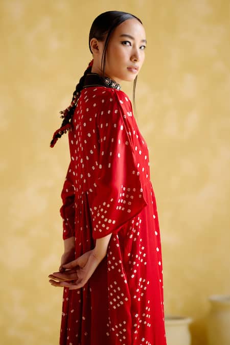 Buy_5elements_Red Modal, Satin Embroidery V-neck Devadarsana V Handcrafted Kaftan _Online_at_Aza_Fashions