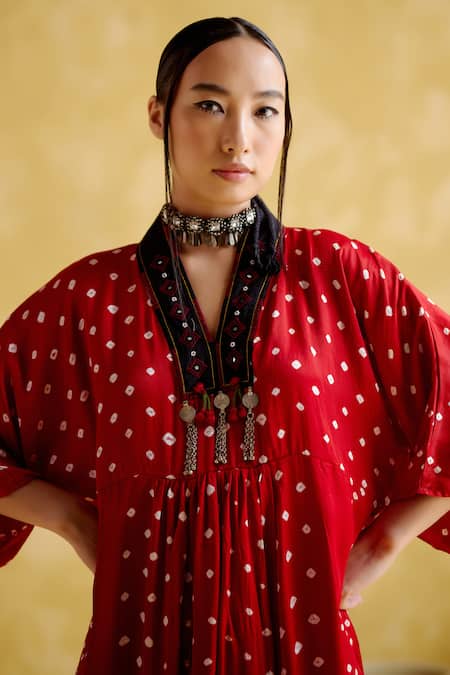 Shop_5elements_Red Modal, Satin Embroidery V-neck Devadarsana V Handcrafted Kaftan _Online_at_Aza_Fashions
