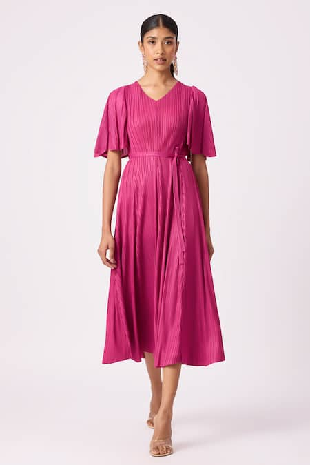 Scarlet Sage Magenta Polyester Ingrid Pleated Bell Sleeve Dress With Belt 