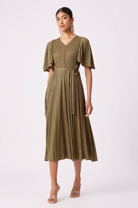 Scarlet Sage_Green Polyester V-neck Ingrid Pleated Flowy Dress With Belt_Online_at_Aza_Fashions