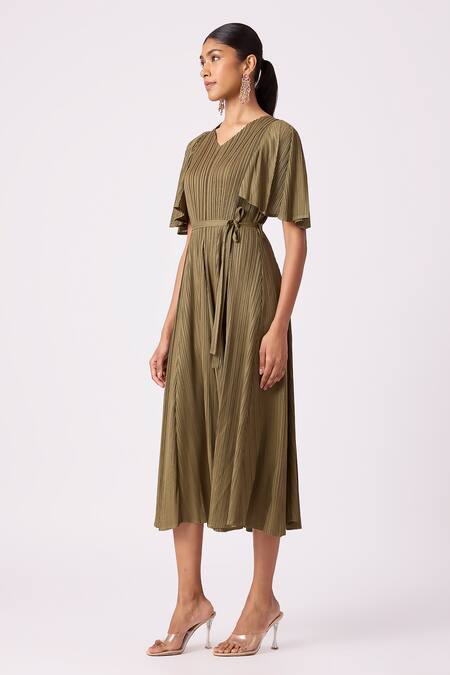 Buy_Scarlet Sage_Green Polyester V-neck Ingrid Pleated Flowy Dress With Belt_Online_at_Aza_Fashions