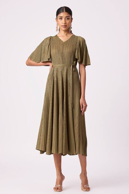 Shop_Scarlet Sage_Green Polyester V-neck Ingrid Pleated Flowy Dress With Belt_Online_at_Aza_Fashions