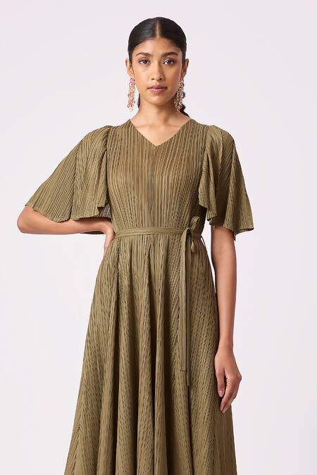 Scarlet Sage_Green Polyester V-neck Ingrid Pleated Flowy Dress With Belt_at_Aza_Fashions