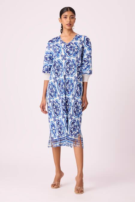 Scarlet Sage_Blue Polyester V-neck Mila Fringed Pleated Midi Dress_Online_at_Aza_Fashions