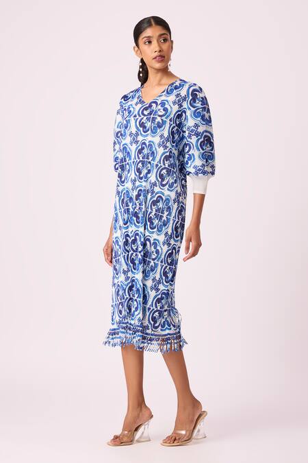 Buy_Scarlet Sage_Blue Polyester V-neck Mila Fringed Pleated Midi Dress_Online_at_Aza_Fashions