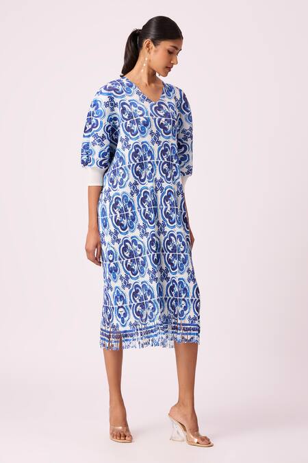 Shop_Scarlet Sage_Blue Polyester V-neck Mila Fringed Pleated Midi Dress_Online_at_Aza_Fashions