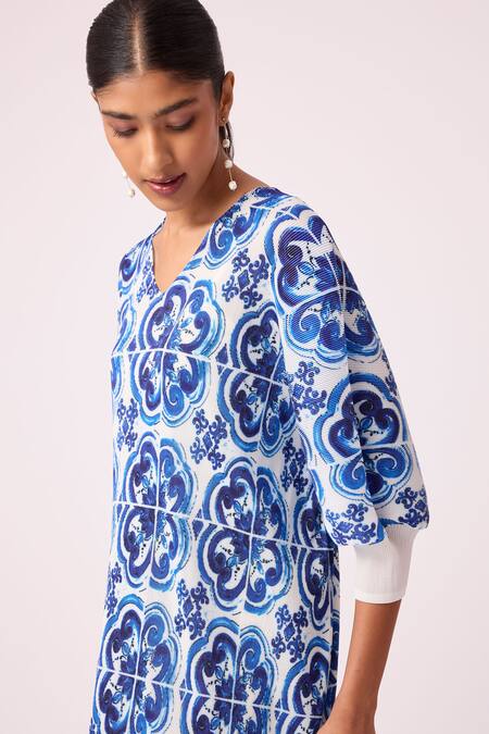 Scarlet Sage_Blue Polyester V-neck Mila Fringed Pleated Midi Dress_at_Aza_Fashions