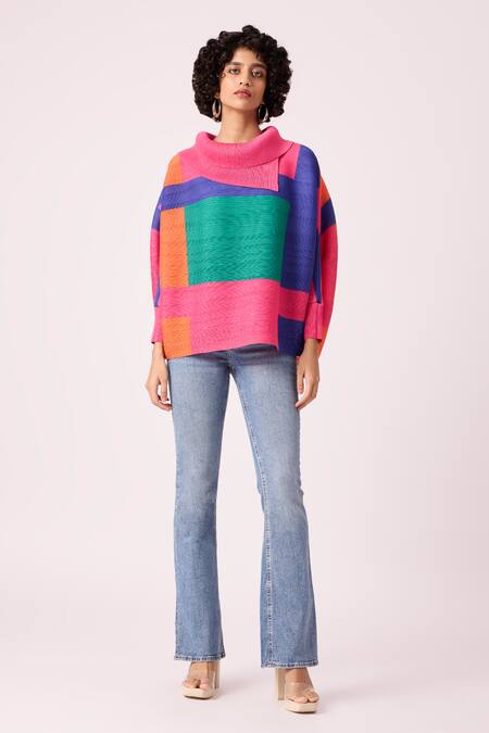 Buy_Scarlet Sage_Fuchsia Polyester Turtle Neck Sloane Abstract Top_Online_at_Aza_Fashions