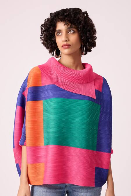 Scarlet Sage_Fuchsia Polyester Turtle Neck Sloane Abstract Top_at_Aza_Fashions