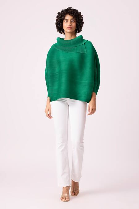 Scarlet Sage_Green Polyester Turtle Neck Sloane Batwing Sleeve Top_Online_at_Aza_Fashions