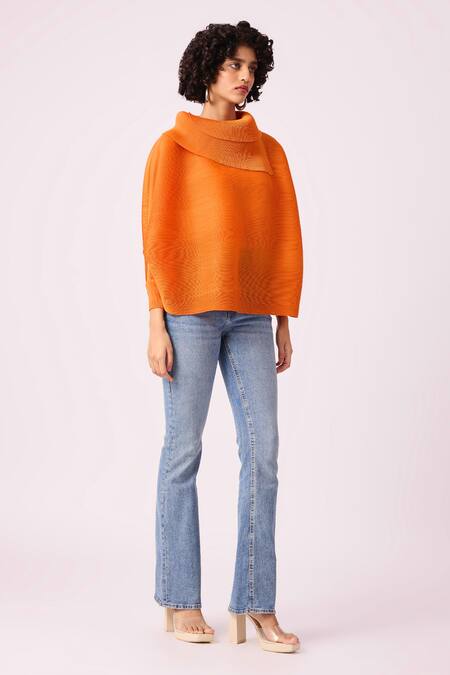 Scarlet Sage_Orange Polyester Turtle Neck Sloane Batwing Sleeve Top_Online_at_Aza_Fashions