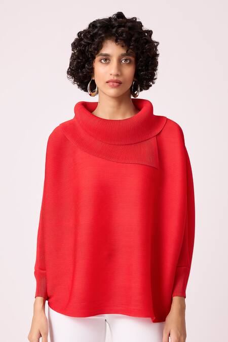 Scarlet Sage_Red Polyester Turtle Neck Sloane Batwing Sleeve Top_Online_at_Aza_Fashions