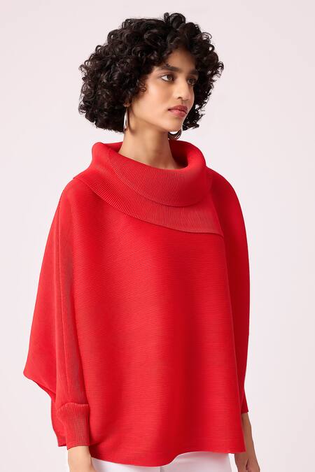 Buy_Scarlet Sage_Red Polyester Turtle Neck Sloane Batwing Sleeve Top_Online_at_Aza_Fashions