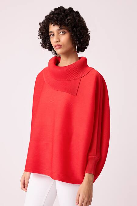 Shop_Scarlet Sage_Red Polyester Turtle Neck Sloane Batwing Sleeve Top_Online_at_Aza_Fashions