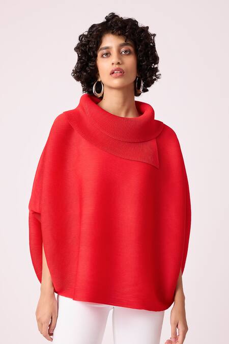 Scarlet Sage_Red Polyester Turtle Neck Sloane Batwing Sleeve Top_at_Aza_Fashions
