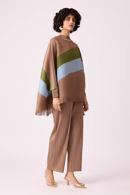 Buy_Scarlet Sage_Brown Polyester Fringe Round Neck Alexis Colorblock Top And Pant Set_Online_at_Aza_Fashions