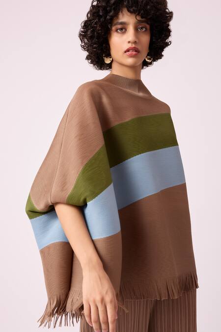 Scarlet Sage_Brown Polyester Fringe Round Neck Alexis Colorblock Top And Pant Set_at_Aza_Fashions