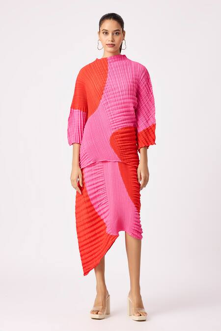 Scarlet Sage_Red Polyester High Neck Aspen Colorblock Pleated Top And Skirt Set_Online_at_Aza_Fashions