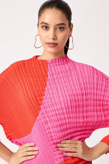 Buy_Scarlet Sage_Red Polyester High Neck Aspen Colorblock Pleated Top And Skirt Set_Online_at_Aza_Fashions