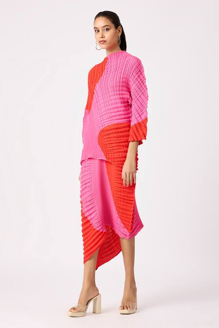 Shop_Scarlet Sage_Red Polyester High Neck Aspen Colorblock Pleated Top And Skirt Set_Online_at_Aza_Fashions