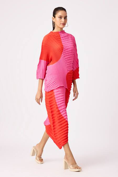 Scarlet Sage_Red Polyester High Neck Aspen Colorblock Pleated Top And Skirt Set_at_Aza_Fashions