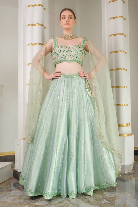 Tamaraa By Tahani_Green Heavy Satin Hand Embroidered Sequin Sweetheart Neck Bead Lehenga Set _Online_at_Aza_Fashions
