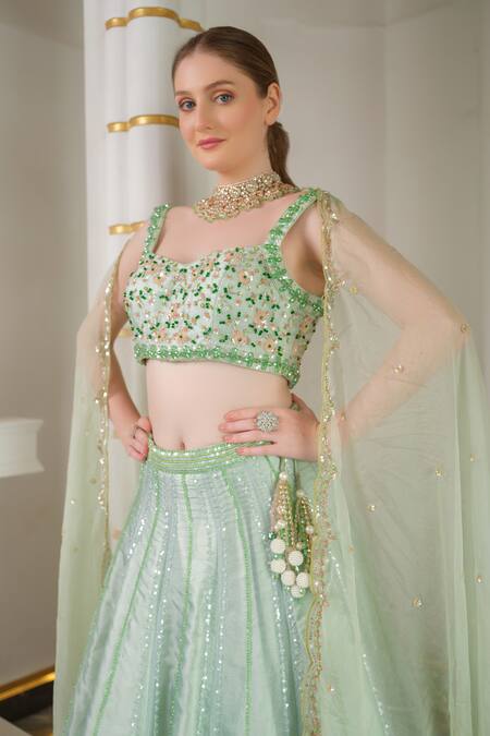 Buy_Tamaraa By Tahani_Green Heavy Satin Hand Embroidered Sequin Sweetheart Neck Bead Lehenga Set _Online_at_Aza_Fashions