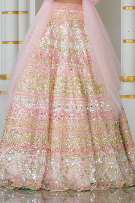 Tamaraa By Tahani_Pink Tulle Hand Embroidered Sequin Sweetheart Neck Floral Lehenga Set _Online_at_Aza_Fashions