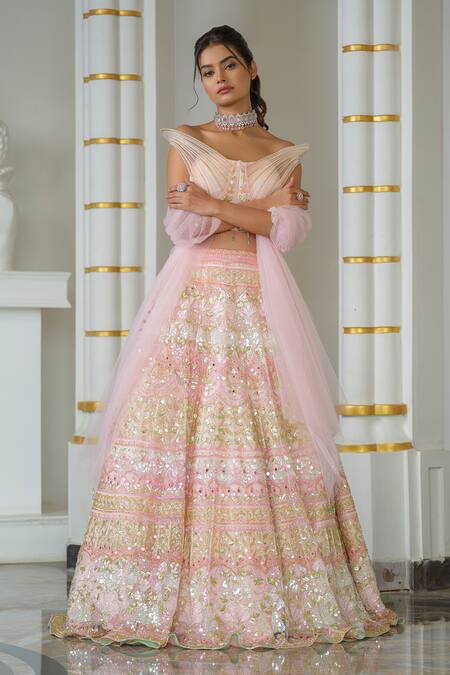 Buy_Tamaraa By Tahani_Pink Tulle Hand Embroidered Sequin Sweetheart Neck Floral Lehenga Set _Online_at_Aza_Fashions