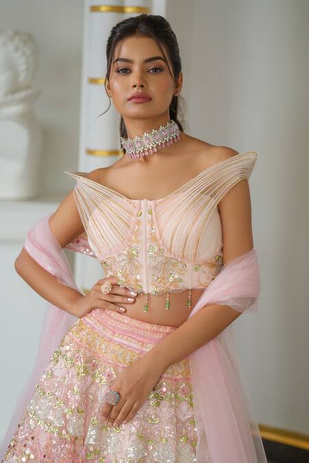 Shop_Tamaraa By Tahani_Pink Tulle Hand Embroidered Sequin Sweetheart Neck Floral Lehenga Set _Online_at_Aza_Fashions