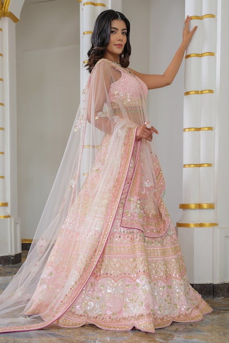 Shop_Tamaraa By Tahani_Pink Silk Hand Embroidered Sequin Leaf Neck Floral Bridal Lehenga Set _Online_at_Aza_Fashions