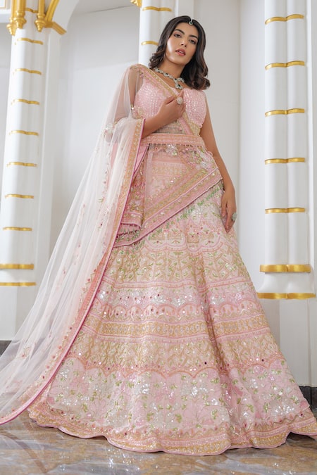 Tamaraa By Tahani_Pink Silk Hand Embroidered Sequin Leaf Neck Floral Bridal Lehenga Set _at_Aza_Fashions